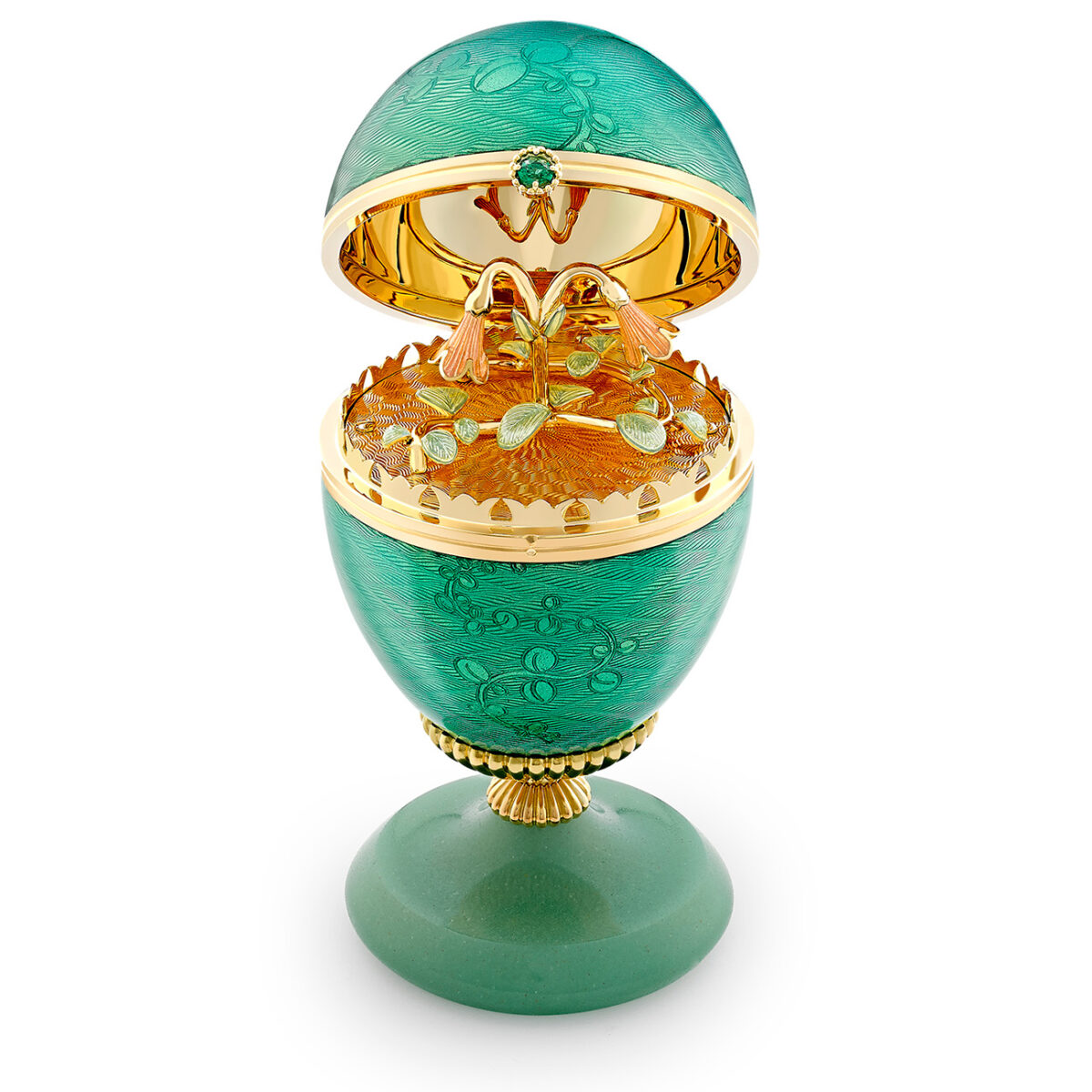 Fabergé x Gemfields LimitedEdition 18k Yellow Gold Green Guilloché Enamel Egg Objet with Twin